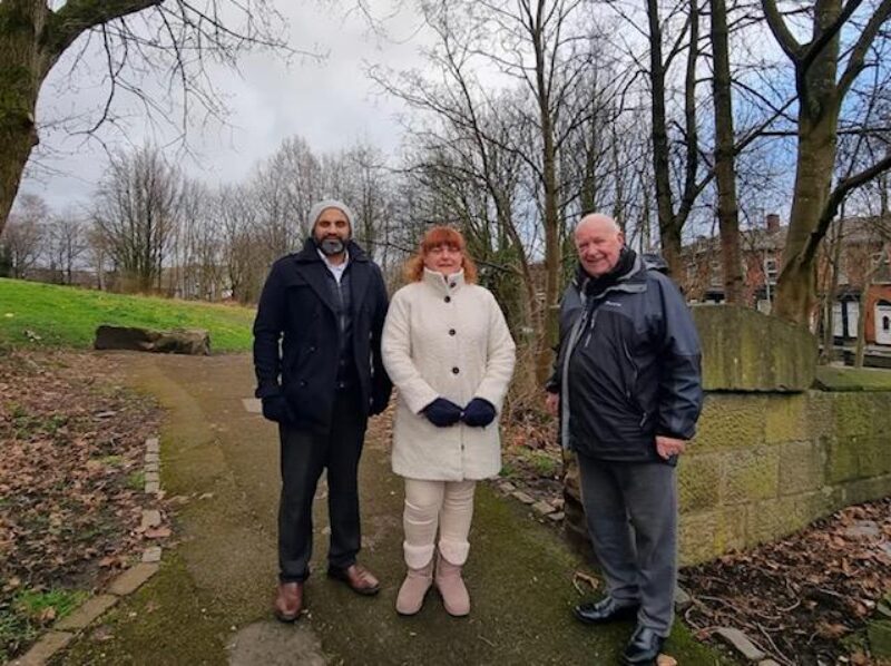 Nadeem Iqbal, Cllr Ros Birch and Cllr Peter Dean at the Clarksfield Road entrance to the fruit trail.